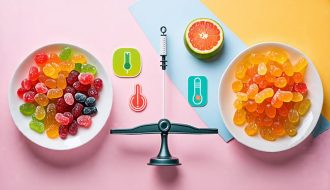 Conceptual image showing freeze-dried candies being balanced on a scale with healthy choices like fruits and exercise symbols, symbolizing managing diabetes responsibly while enjoying occasional treats.