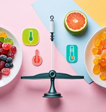 Conceptual image showing freeze-dried candies being balanced on a scale with healthy choices like fruits and exercise symbols, symbolizing managing diabetes responsibly while enjoying occasional treats.