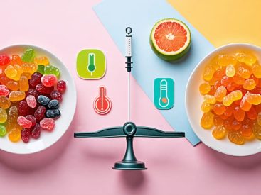 Conceptual image showing freeze-dried candies being balanced on a scale with healthy choices like fruits and exercise symbols, symbolizing managing diabetes responsibly while enjoying occasional treats.