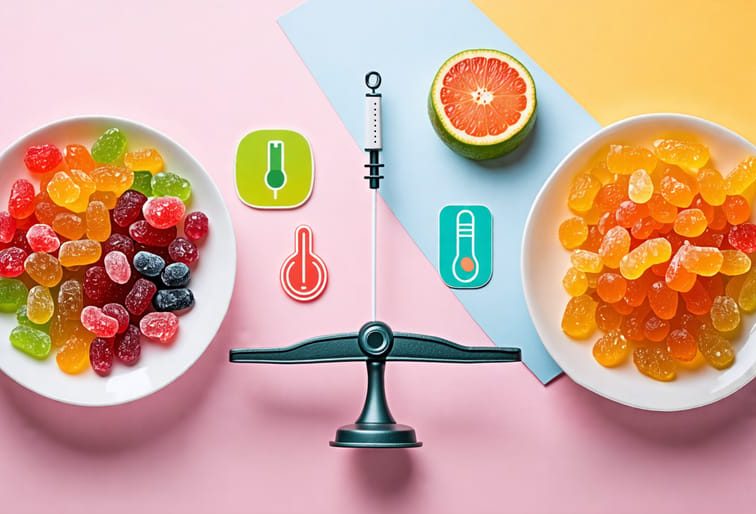 Conceptual image showing freeze-dried candies being balanced on a scale with healthy choices like fruits and exercise symbols, symbolizing managing diabetes responsibly while enjoying occasional treats.