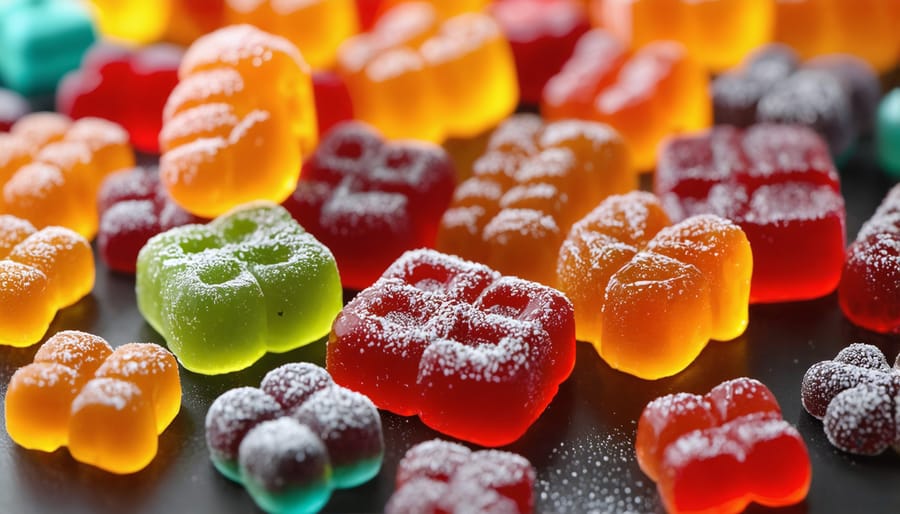 An assortment of different colored HHC gummies displayed on a surface