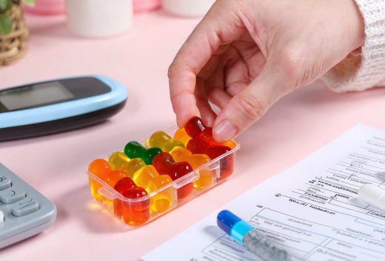 A hand holds a vibrant HHC gummy above a pill organizer, symbolizing conscious integration of these treats into a diabetes management routine, with tools and notes scattered around.