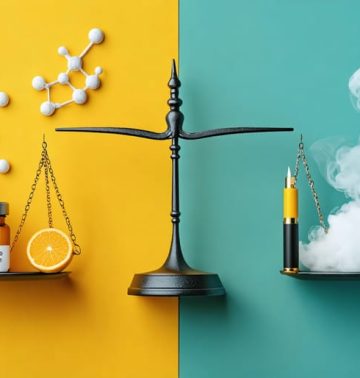 Conceptual illustration showing a balance scale with diabetes management tools on one side and vaping items on the other, symbolizing the balance of managing diabetes while considering the effects of vaping.