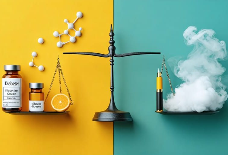 Conceptual illustration showing a balance scale with diabetes management tools on one side and vaping items on the other, symbolizing the balance of managing diabetes while considering the effects of vaping.