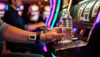 Eye-level medium shot of an adult at a slot machine with a continuous glucose monitor on the upper arm, a water bottle and unbranded glucose tablets on the side shelf, and colorful casino lights blurred in the background.