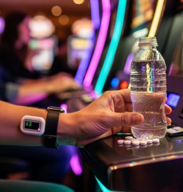 Eye-level medium shot of an adult at a slot machine with a continuous glucose monitor on the upper arm, a water bottle and unbranded glucose tablets on the side shelf, and colorful casino lights blurred in the background.