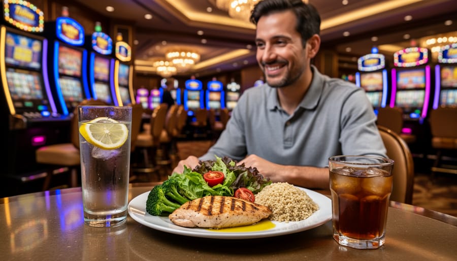 Hands holding healthy snack and water at casino restaurant table