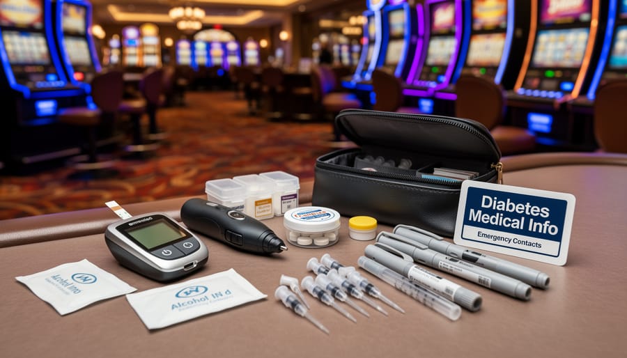 Overhead view of complete diabetes management kit with glucose meter, insulin, and emergency supplies