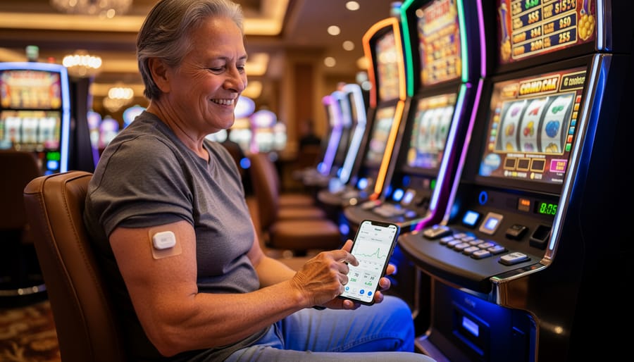 Person checking continuous glucose monitor while at casino slot machine