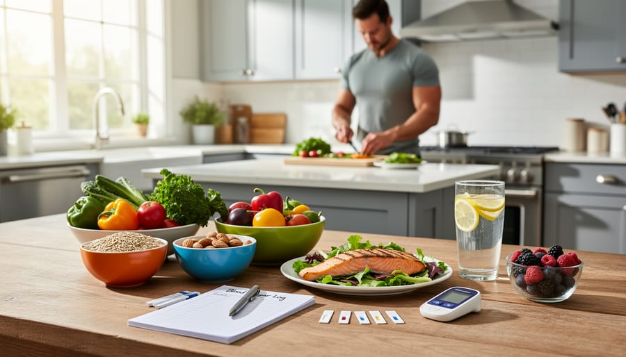 Person checking blood glucose level with meter surrounded by fresh healthy vegetables on kitchen table