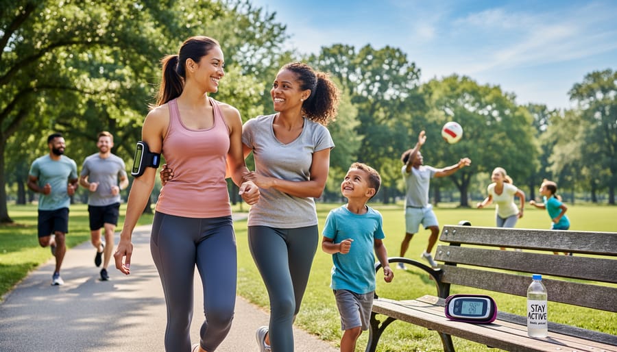 Three adults walking together on park trail in conversation and smiling