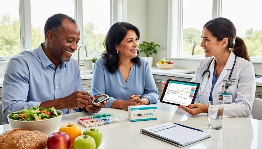 Senior man organizing daily medications at kitchen counter looking healthy and content