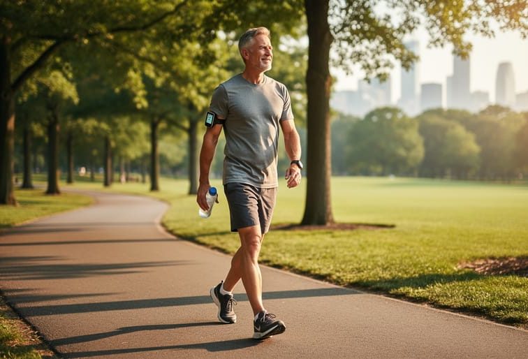 Middle-aged adult walking on a tree-lined park path at golden hour with a continuous glucose monitor on the upper arm, carrying a water bottle; subject in sharp focus with softly blurred trees and a distant city skyline in the background.