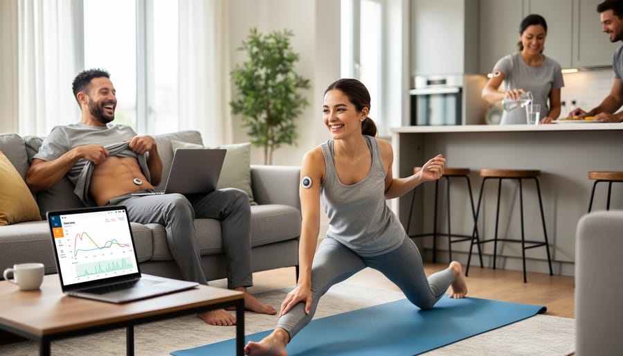 Confident woman checking continuous glucose monitor device on her arm outdoors