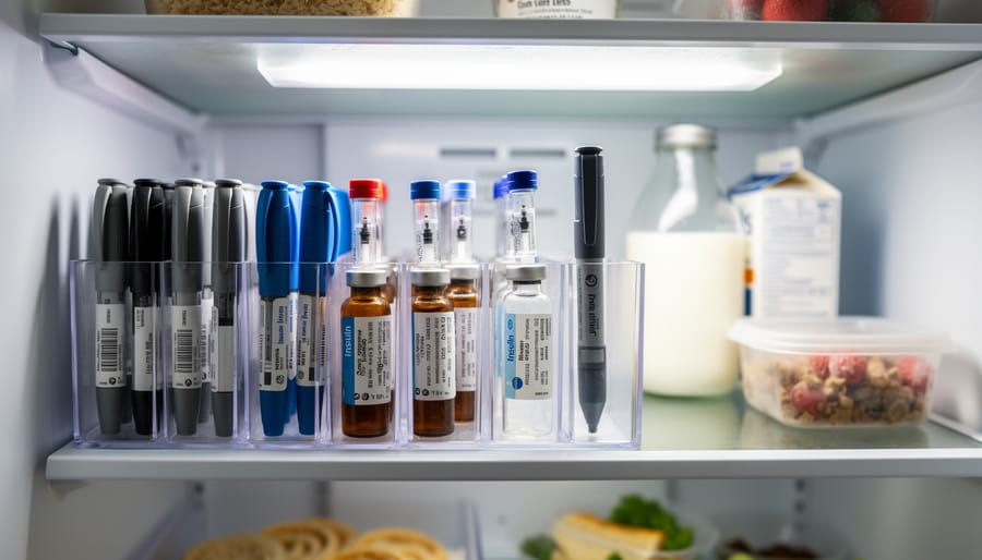 Insulin pen and sealed vial stored on a refrigerator shelf in their original boxes
