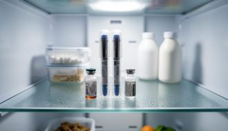 Insulin pens and vials stored on a refrigerator shelf in a clean, organized setup.