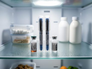 Insulin pens and vials stored on a refrigerator shelf in a clean, organized setup.
