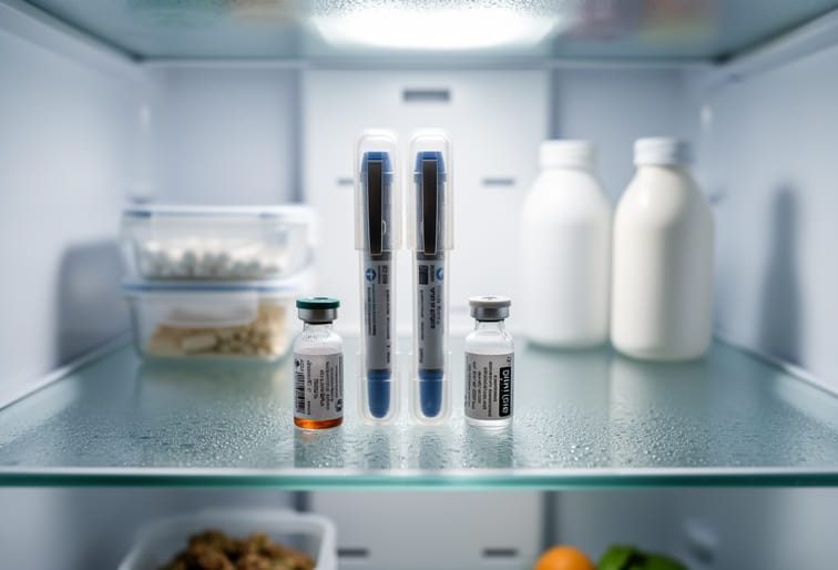 Insulin pens and vials stored on a refrigerator shelf in a clean, organized setup.