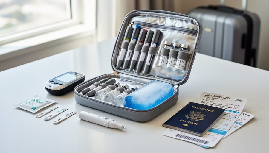 Insulin travel case open on a table with insulin pen and cooling packs