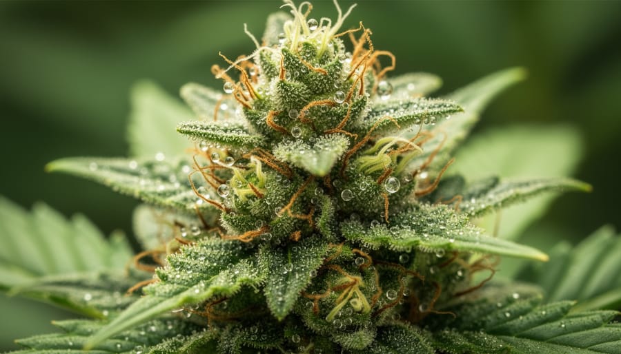 Close-up of raw cannabis flowers with visible trichomes on a wooden surface