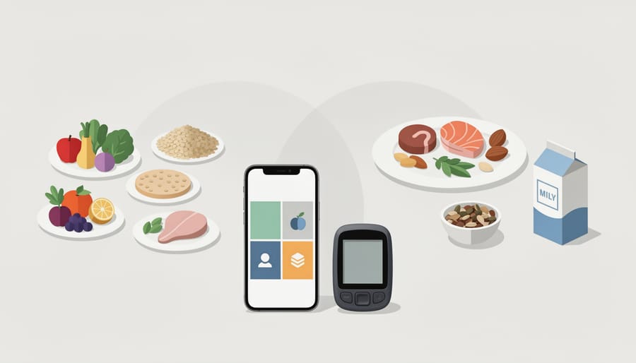Continuous glucose monitor sensor on an arm beside a pill organizer and bowl of berries and nuts on a bedside table.