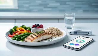 Diabetes-friendly meal plate with vegetables and berries next to an insulin delivery device and CGM sensor, shown in a clean kitchen setting.