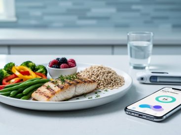 Diabetes-friendly meal plate with vegetables and berries next to an insulin delivery device and CGM sensor, shown in a clean kitchen setting.