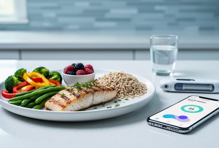 Diabetes-friendly meal plate with vegetables and berries next to an insulin delivery device and CGM sensor, shown in a clean kitchen setting.