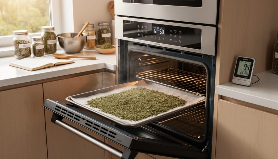Jar of herbal material and oven tools on a kitchen counter during edible preparation