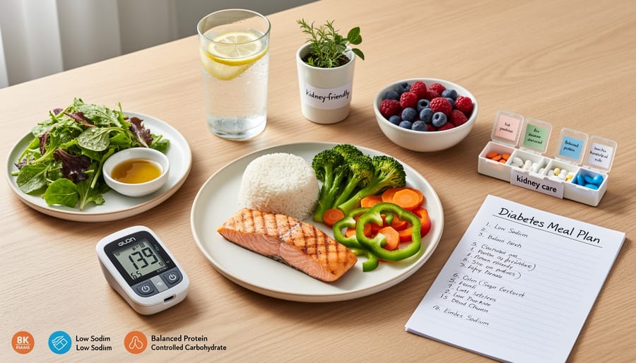 Kidney-friendly plate with steamed fish and vegetables styled on a dining table.