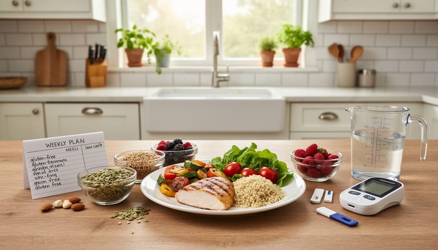 Person’s hands arranging a gluten-free diabetes-friendly meal on a kitchen table with whole-food ingredients.