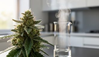 “Close-up of raw cannabis flower trichomes with subtle steam rising from a nearby glass heating container, representing THCa decarboxylation.”