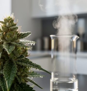 “Close-up of raw cannabis flower trichomes with subtle steam rising from a nearby glass heating container, representing THCa decarboxylation.”