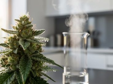 “Close-up of raw cannabis flower trichomes with subtle steam rising from a nearby glass heating container, representing THCa decarboxylation.”