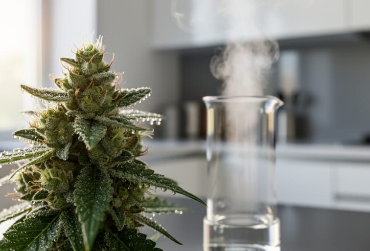 “Close-up of raw cannabis flower trichomes with subtle steam rising from a nearby glass heating container, representing THCa decarboxylation.”