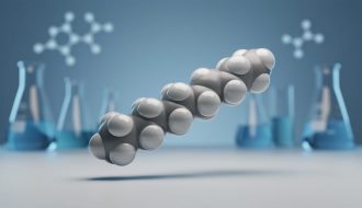 Close-up of a 15-linked peptide chain rendered as connected spheres above a blurred medical laboratory background in cool blue and white tones.