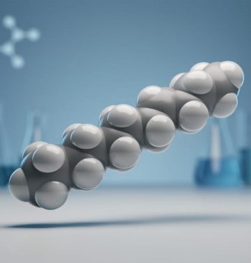 Close-up of a 15-linked peptide chain rendered as connected spheres above a blurred medical laboratory background in cool blue and white tones.