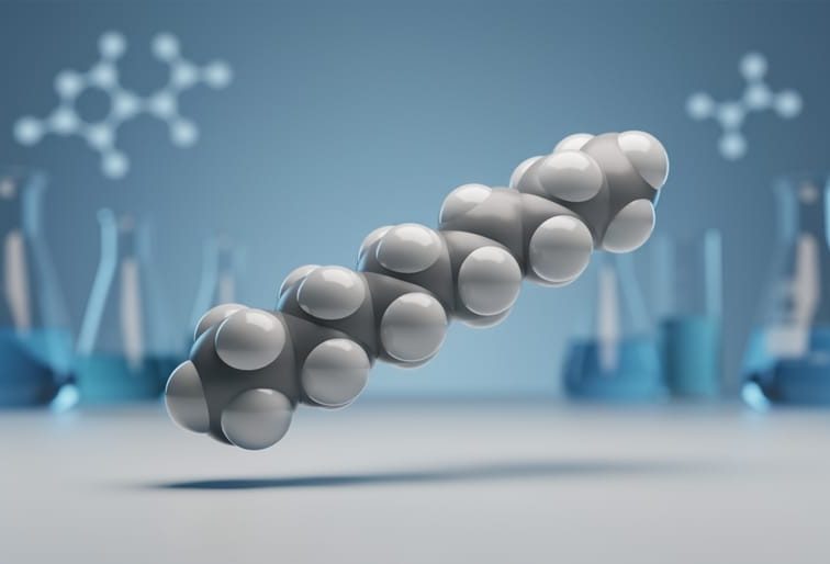 Close-up of a 15-linked peptide chain rendered as connected spheres above a blurred medical laboratory background in cool blue and white tones.