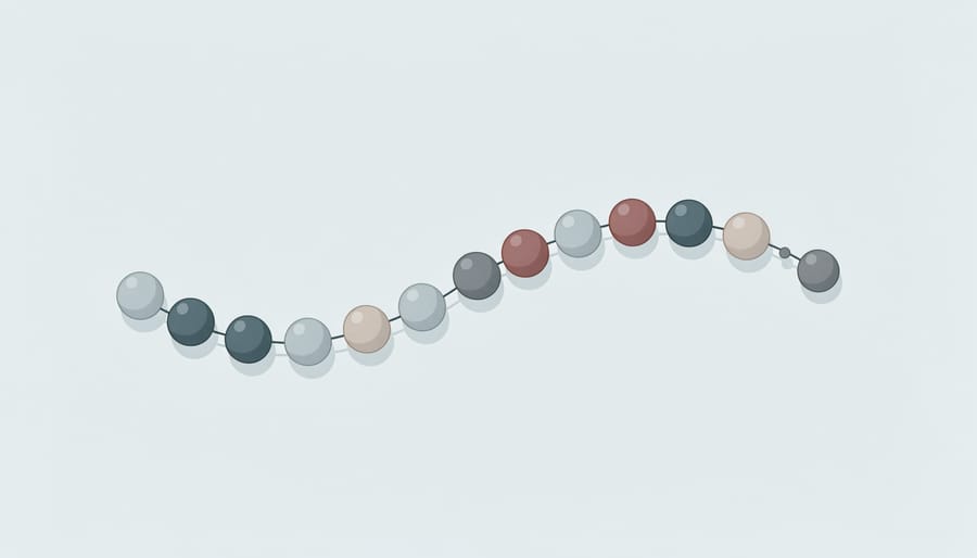 Close-up of glossy bead-like units arranged to represent a short amino-acid chain on a clean glass surface