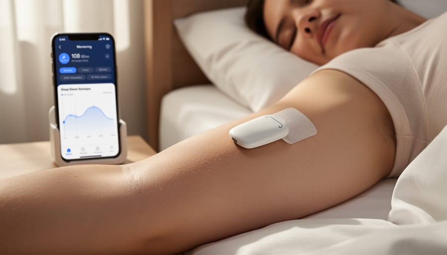 Close-up of a continuous glucose monitor sensor attached to a forearm.