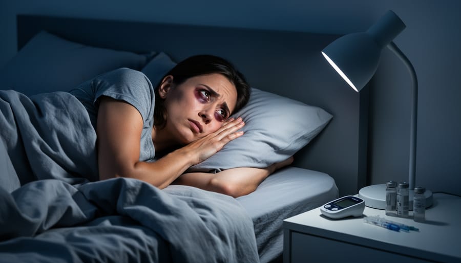 Adult with diabetes sitting awake in bed at night beside a lit bedside lamp, looking tired.