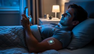 Person awake in a dim bedroom at night, with a CGM sensor patch visible on their arm and a glowing smartphone nearby, suggesting insomnia in diabetes management.