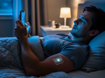 Person awake in a dim bedroom at night, with a CGM sensor patch visible on their arm and a glowing smartphone nearby, suggesting insomnia in diabetes management.
