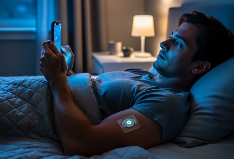 Person awake in a dim bedroom at night, with a CGM sensor patch visible on their arm and a glowing smartphone nearby, suggesting insomnia in diabetes management.