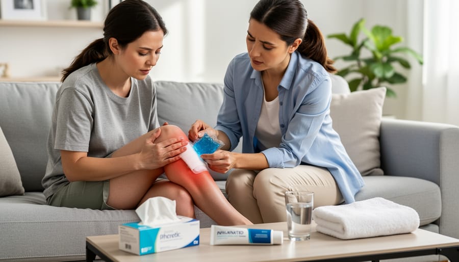 Person’s hands applying clean gauze to a healing foot area in a well-lit home setting
