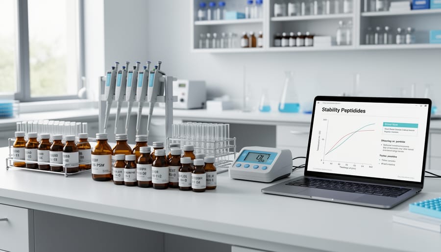 Glass vial with clear liquid next to an amber container in a clean lab-like environment on a stone surface