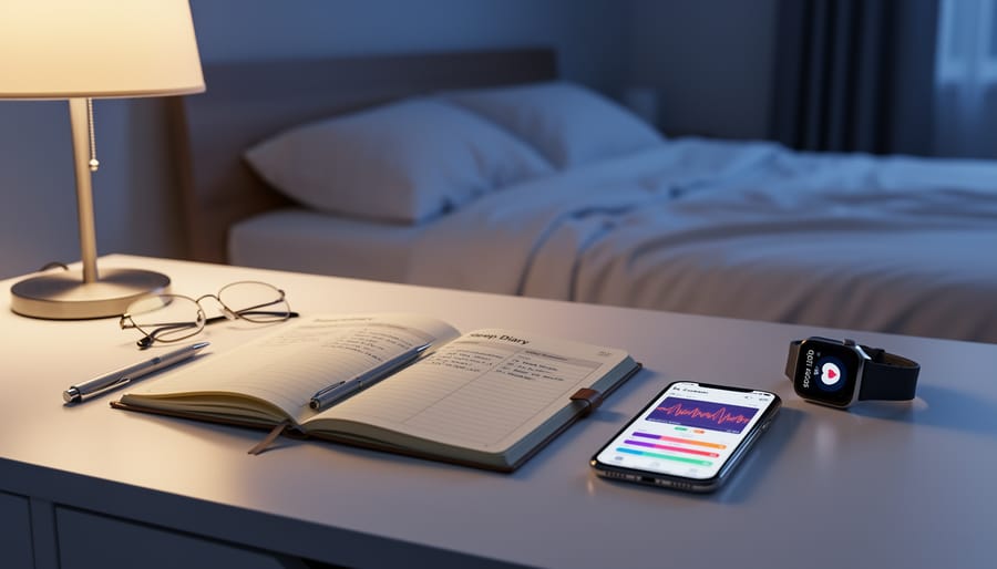 Person writing in a notebook at a desk in a dim bedroom, with soft light from nearby devices.