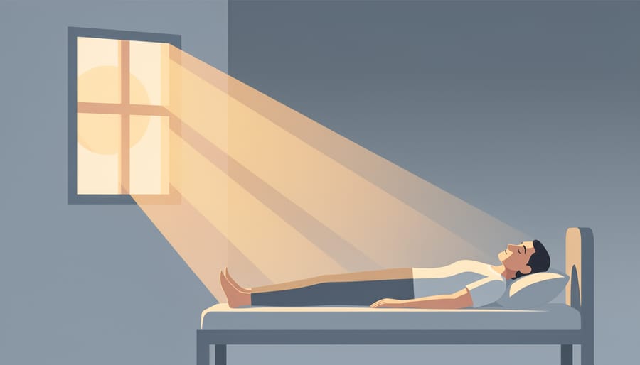 Sunrise light enters a room through an open window, with a relaxed person resting in the foreground.