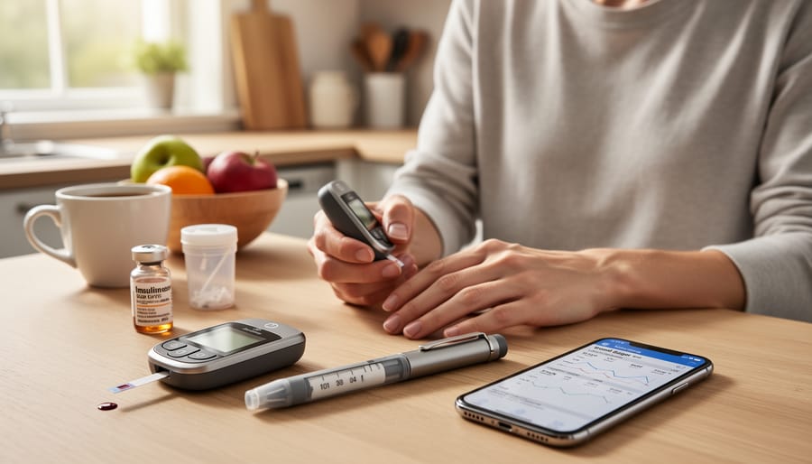 Person checking diabetes care supplies at home alongside a smartwatch and smartphone