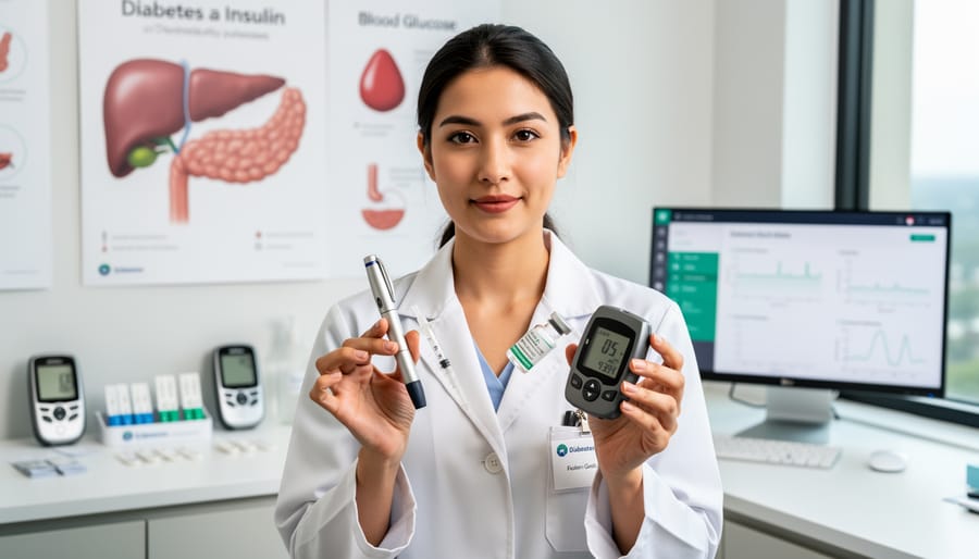 Clinician holding an insulin pen and vial case in a clinical setting